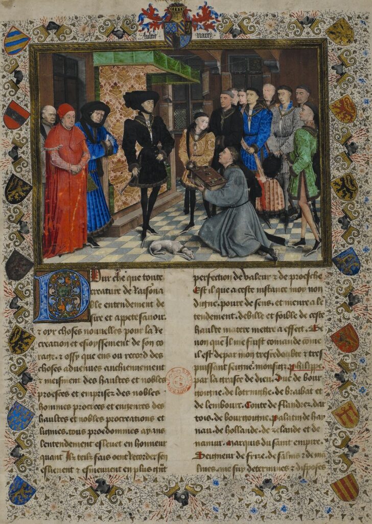 <p>This miniature by Rogier Van der Weyden shows a writer presenting a book to Philip the Good. The Burgundian dukes built a huge collection of books: the Library of Burgundy. Their library laid the foundation for the present Royal Library of Belgium.</p>