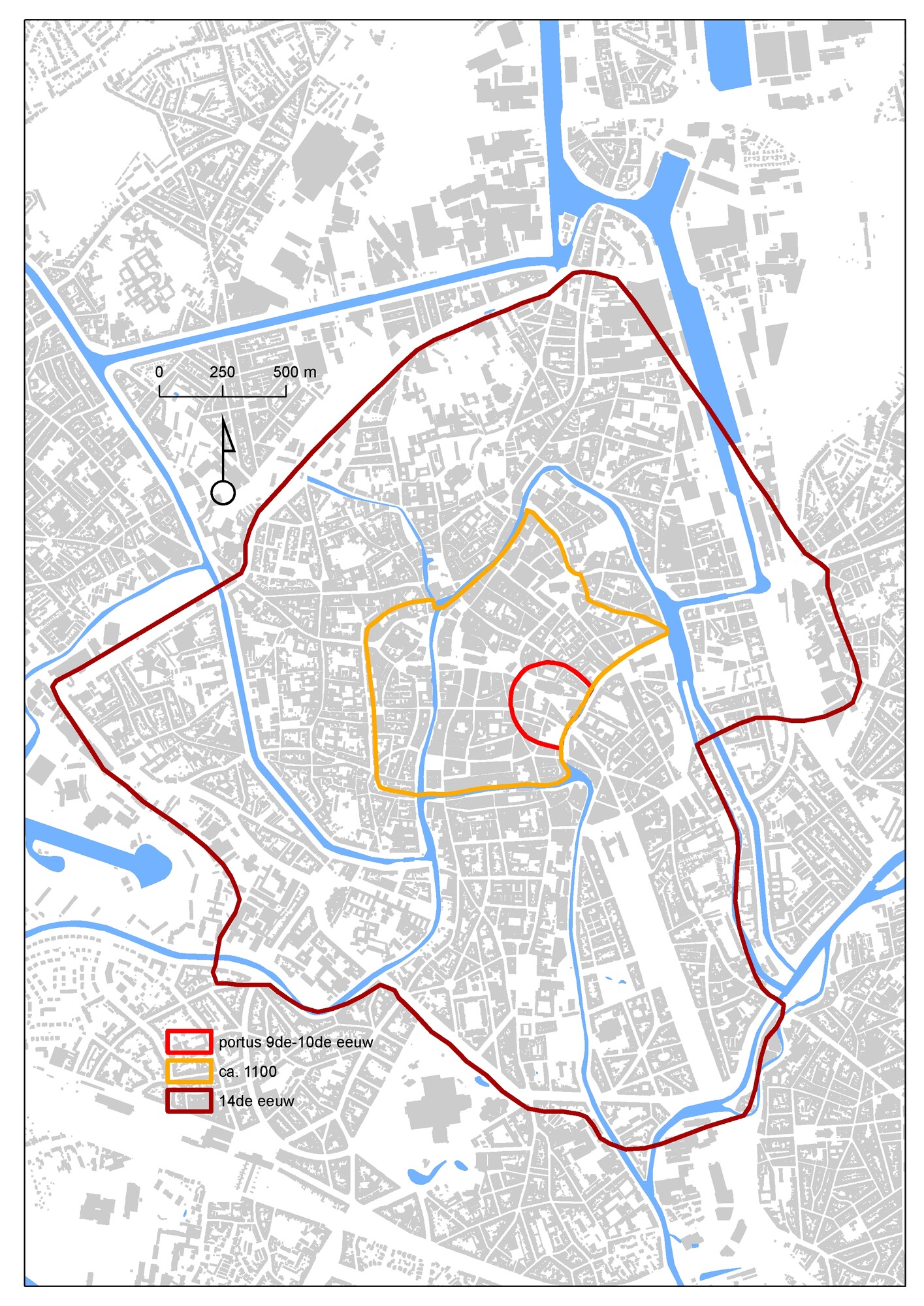 <p>Grondplan van Gent, met de evolutie van stadsomwallingen. In de 13e eeuw was Gent na Parijs de grootste stad van Europa ten noorden van de Alpen.</p>
