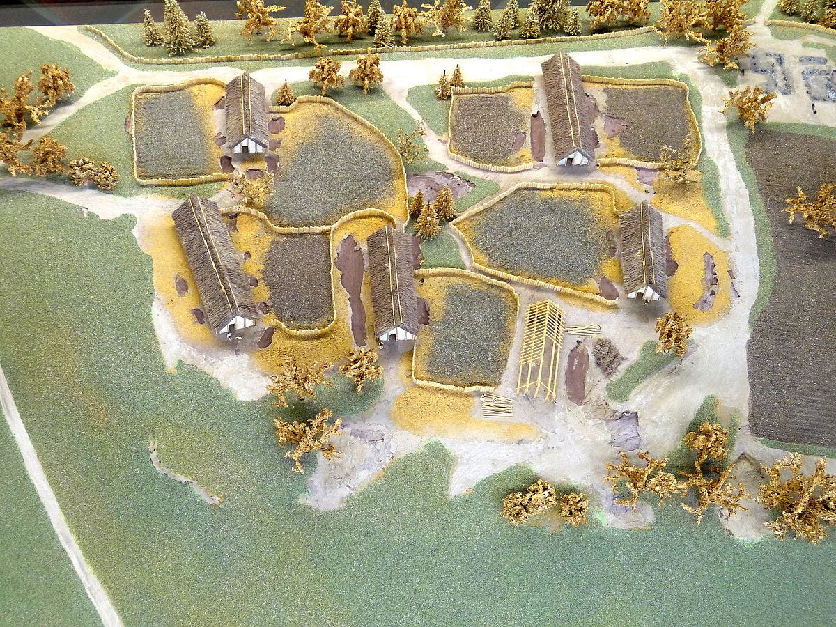 Reconstructie van een nederzetting uit de Bandkeramische cultuur.