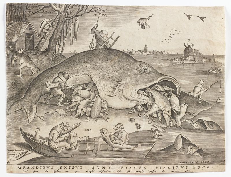 De kopergravure Grote vissen eten de kleine vissen op (1557), door Pieter Bruegel de Oude ontworpen voor Hiëronymus Cock.