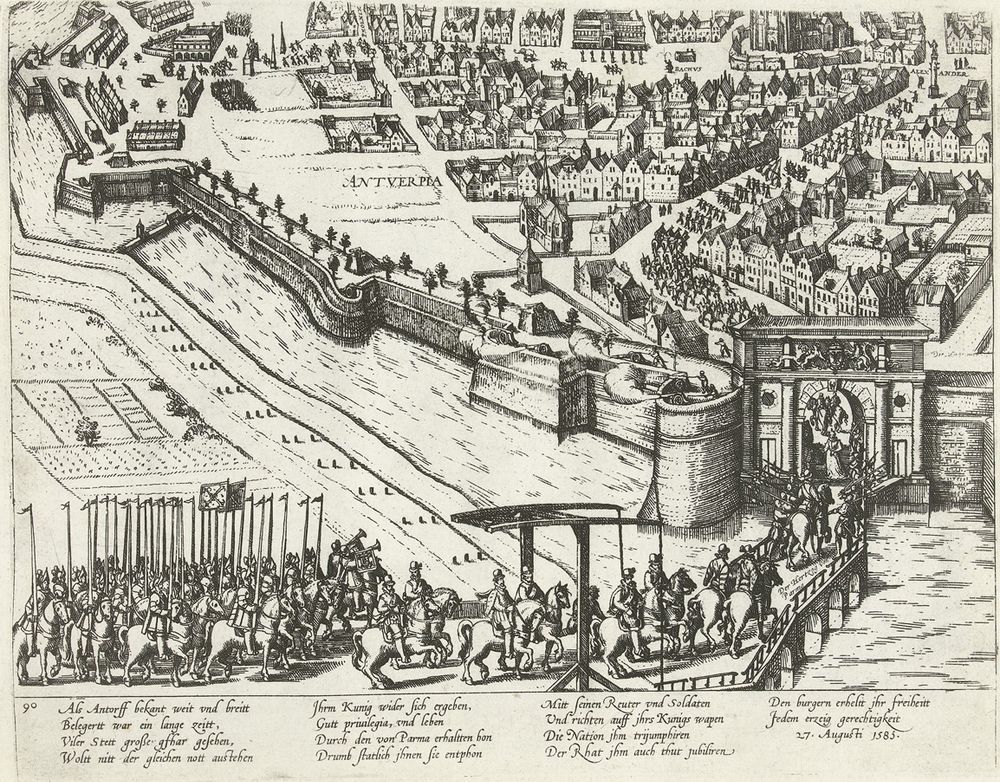 Het Spaanse leger trekt Antwerpen binnen in 1585. Gravure van Frans Hogenberg.