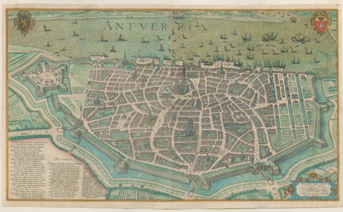 Rond 1500 groeide Antwerpen uit tot de belangrijkste haven van Noordwest-Europa. Ets van de Antwerpse prentkunstenaar Joris Hoefnagel, rond 1574 of 1598. De stadsomwalling en de citadel zijn goed te zien.