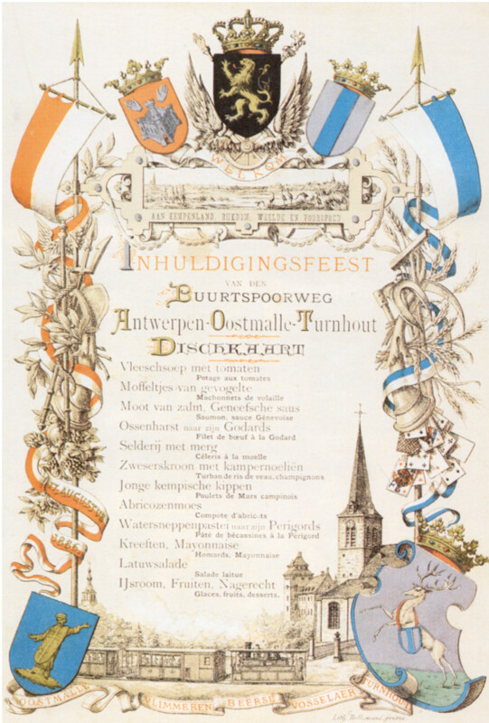 Menukaart van een feestmaal ter gelegenheid van de inhuldiging van de buurtspoorweg Antwerpen-Oostmalle-Turnhout, 1886.