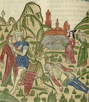 Colard Mansion, ‘Dood van Orpheus’. (In: Metamorfosen van Ovidius, Brugge, 1484.) Middeleeuwse afbeeldingen van mannelijke intimiteit zijn zeldzaam. Hier wordt de mythologische held Orpheus gestenigd omdat hij, na de dood van zijn geliefde Eurydice, voor de mannenliefde koos.