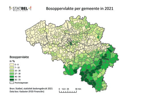 Bosoppervlakte per gemeente 2021.