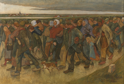 Eugène Laermans, De landverhuizers, 1894. Tot in de vroege 20e eeuw telde Vlaanderen veel ‘landverhuizers’: arme Vlamingen die elders op zoek gingen naar werk en een beter leven.