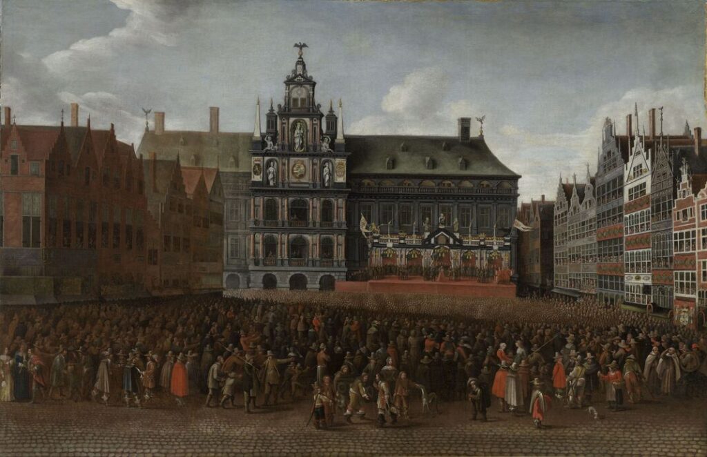 Maximiliaen Pauwels, De afkondiging van de Vrede van Münster op de Grote Markt van Antwerpen in 1648.
