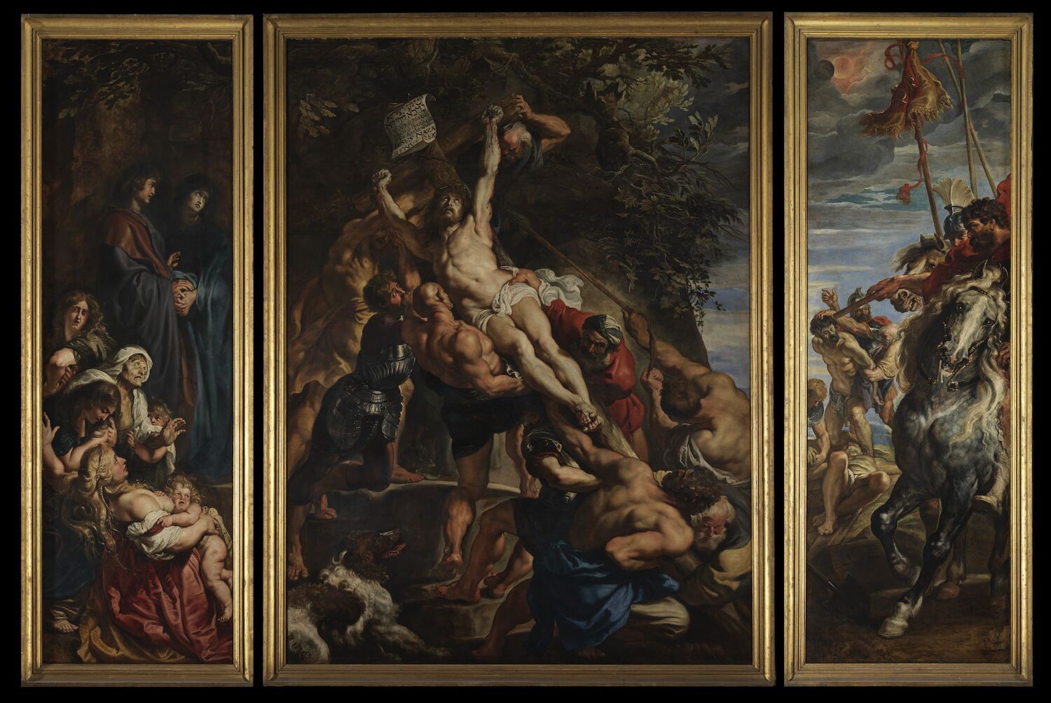 Pieter Paul Rubens, De Kruisoprichting, 1609-1610, in de Onze-Lieve-Vrouwekathedraal van Antwerpen. Het drieluik illustreert de barokke beeldtaal die Rubens uit Italië had meegebracht.